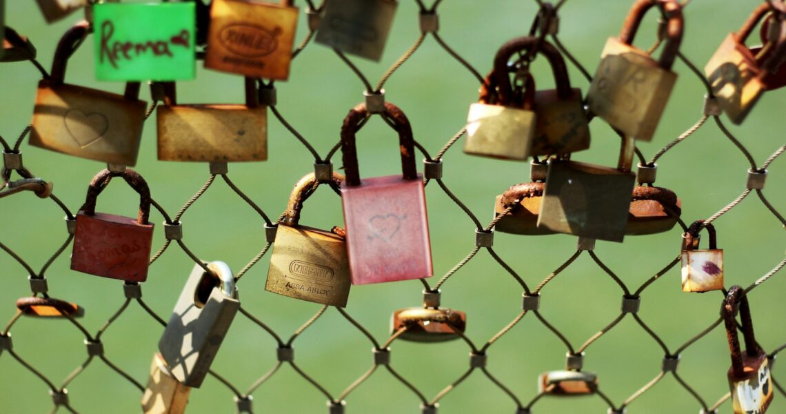 assorted-color padlock lot on fence